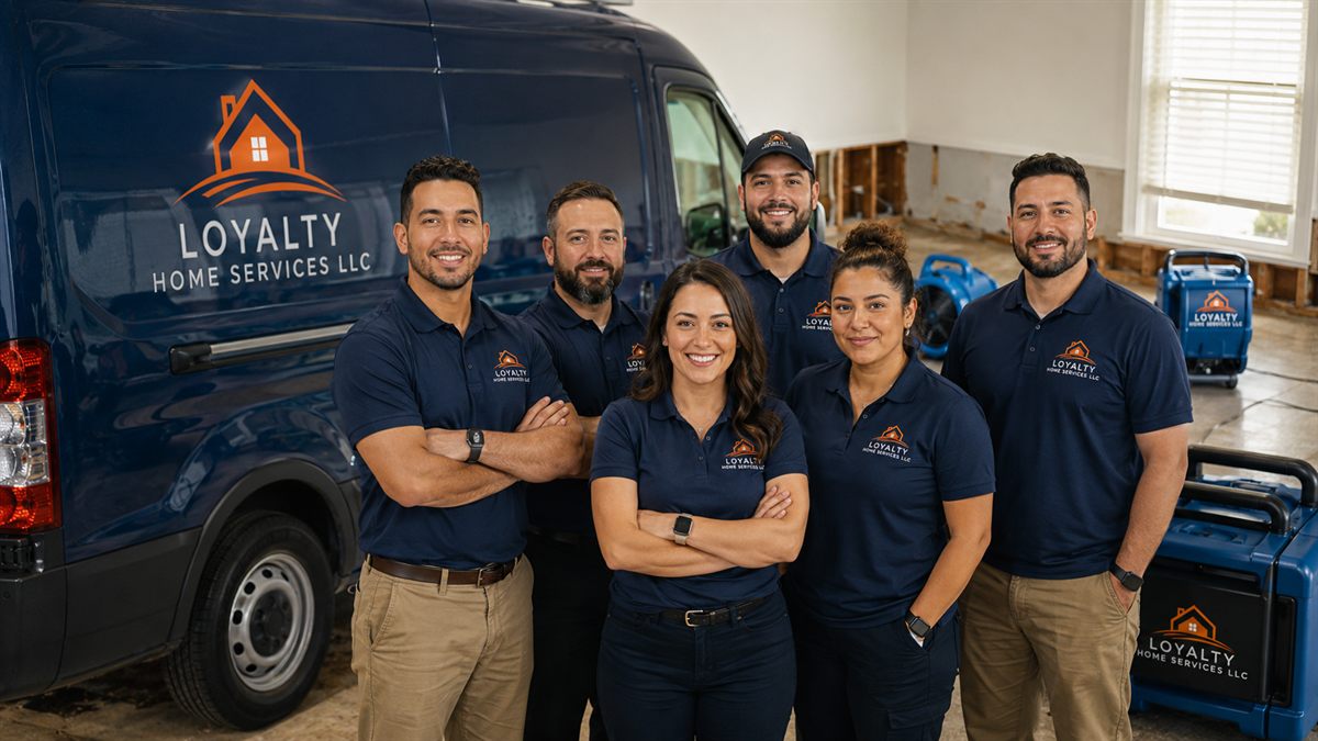 The Loyalty Home Services water damage restoration team in Las Vegas beside their navy service van