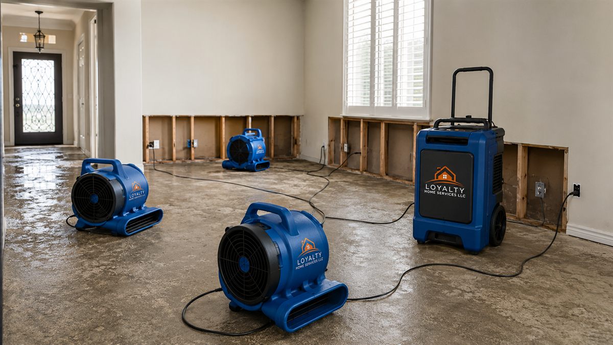 Air movers and a dehumidifier drying a flood-damaged Las Vegas room during water damage restoration
